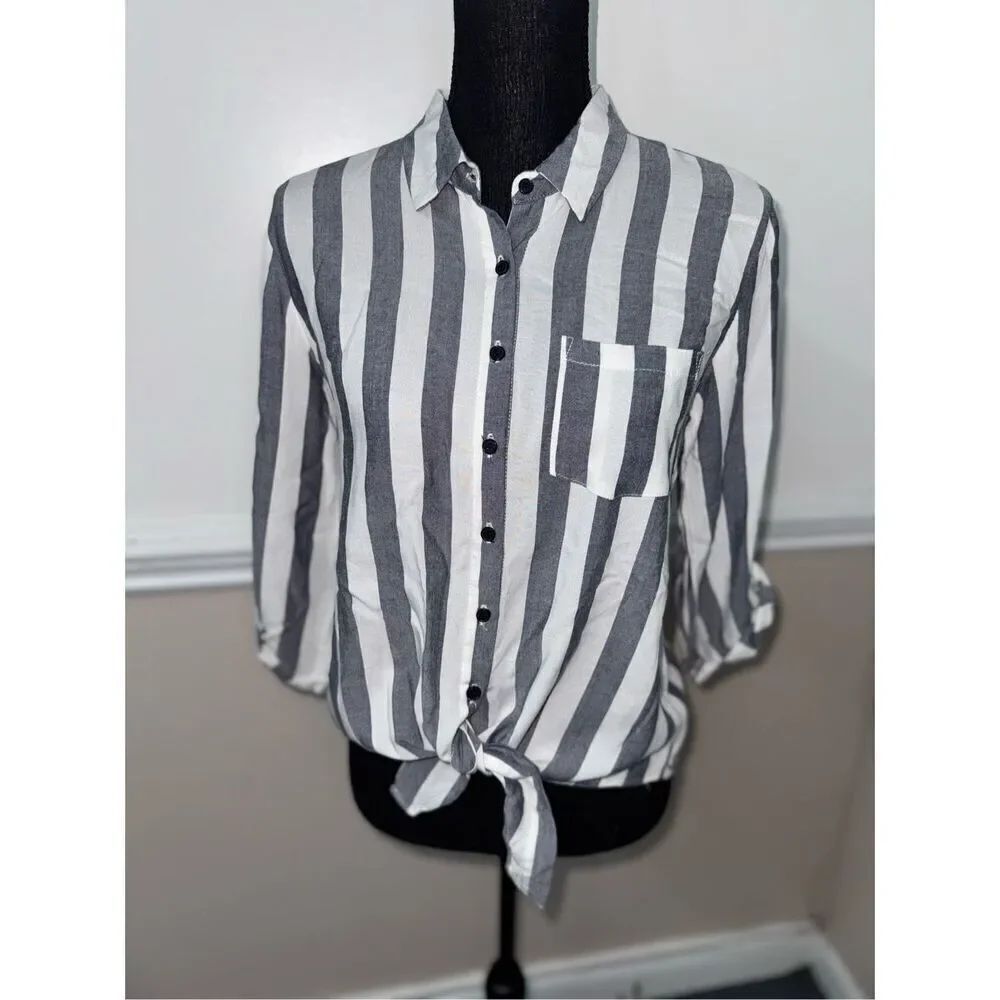 Pink Rose Stripe Button Down Blouse with Tie Front Size Small